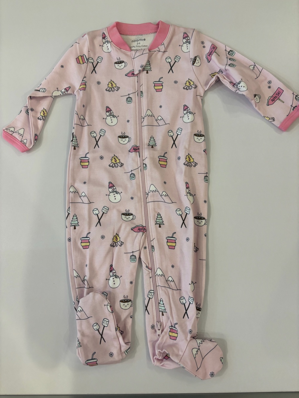Noomie girls Pink Winter Print Zip Front Footed One-Piece